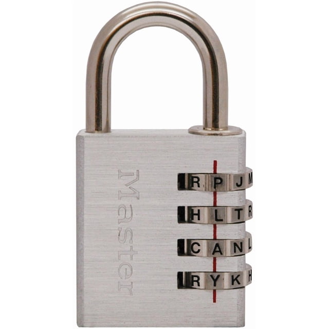 Master Lock Canada Master Lock Ensemble-Votre-Propre Bagage Combiné Padlock #643DWD avec un Corps en Métal Massif de 1-9/16 Pouces de Large et une Manille en Acier Plaqué nickel, Comprenant Quatre Cadrans alpha Réinitialisables pour une Sécurité Sans Clé, Idéal pour Sécuriser les Bagages et les Petits Articles de Rangement.