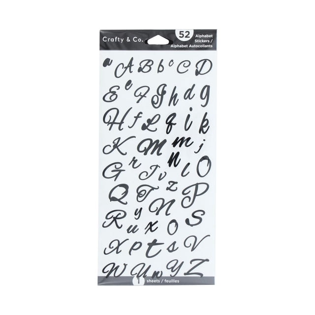 Crafty & Co. Autocollants Alphabet Montrant une Seule Feuille de 52 Autocollants Alphabet Cursifs Noirs en script Décoratif, Convenant au scrapbooking et aux Bricolages sur Papier avec Endos à Peler et Coller Facile, Idéal pour des Projets Créatifs.