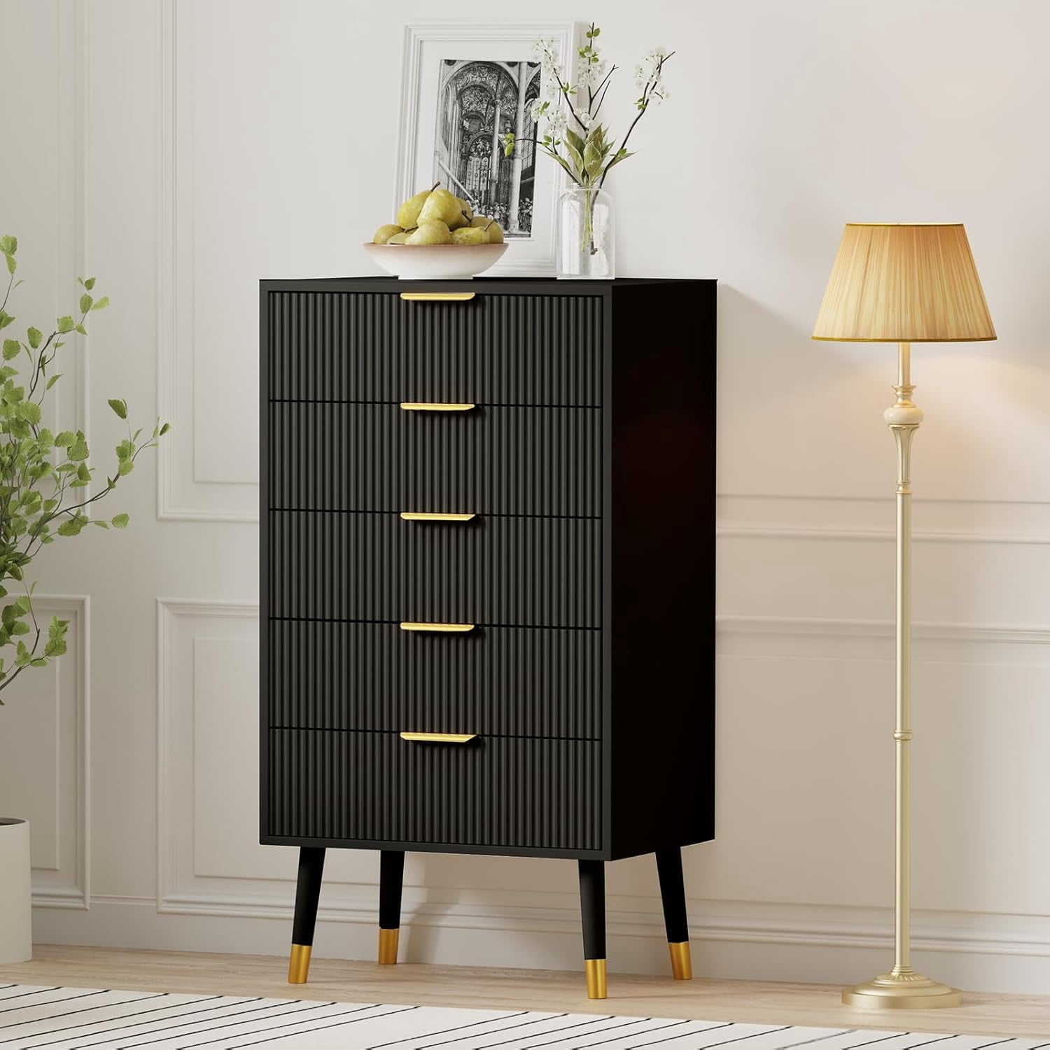 5 Drawer Dresser for Bedroom, Modern Closet Dressers Chest of Drawers, Storage Chest Cabinet Organizer Unit, Small Fluted Nightstand for Bedroom, Black