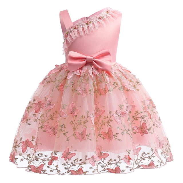 Penkiiy Toddler Girls Net Yarn Flowers Mesh Embroidery Bow Ruffles Birthday Party Gown Long Dresses 3-4 Years Pink
