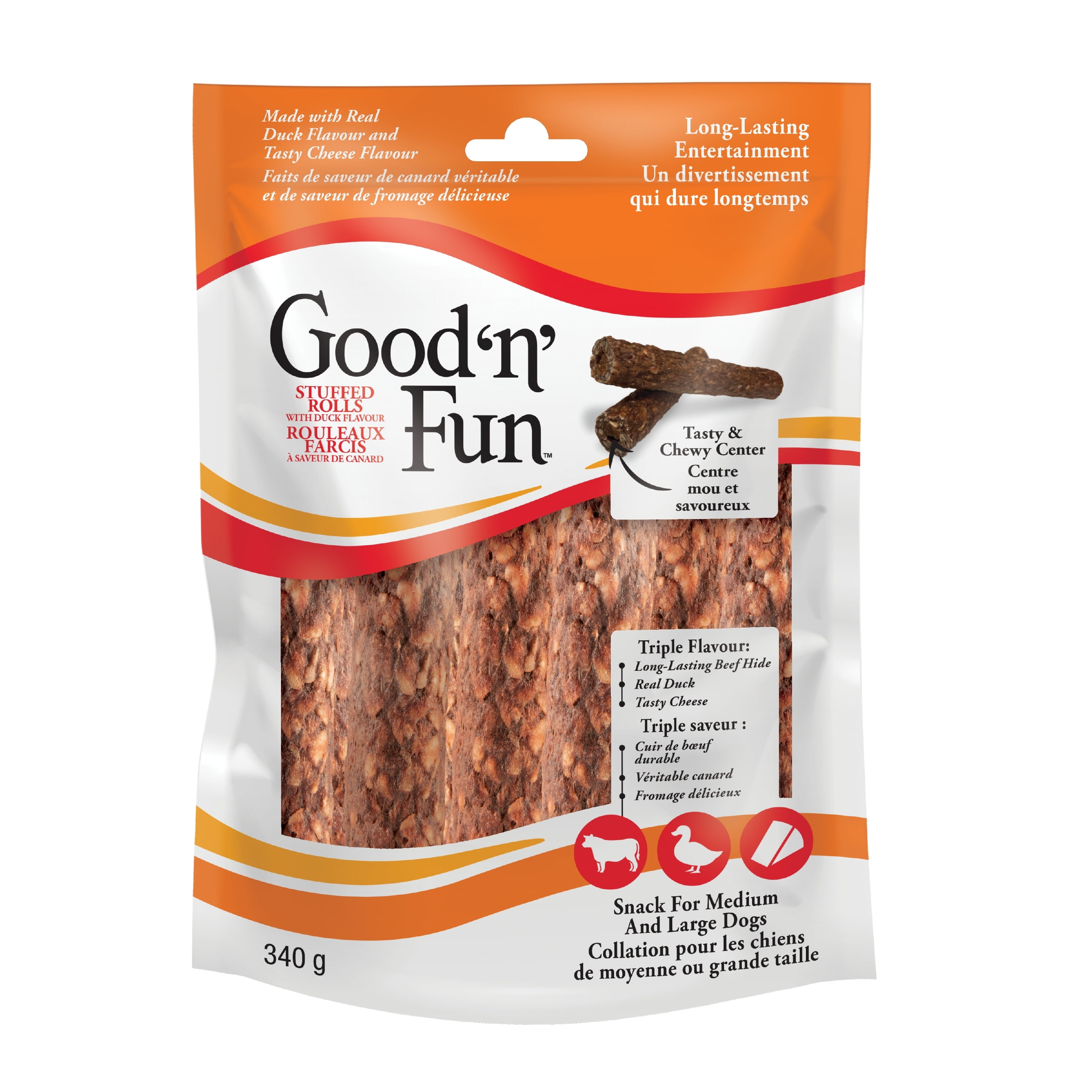 Good'N'Fun Triple Flavour Stuffed Rolls for Medium and Large Dogs, 12 Ounces, Treat Your Dog to Long-Lasting Chews Made with Beef Hide, Chicken and Duck