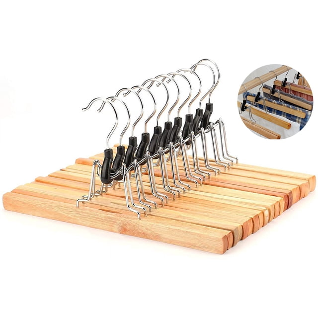 Solid Wood Clamp Hangers, Non Slip Grip For Hanging Pants, Jeans, And More With Space Saving Design (Natural Finish)