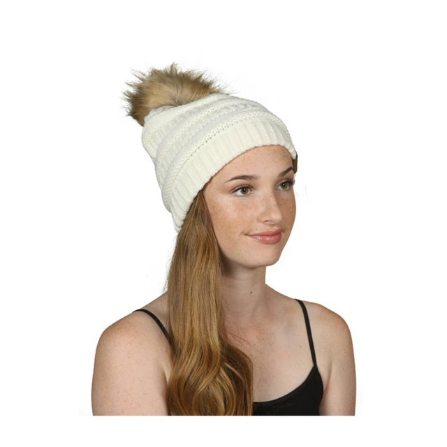 Gravity Threads Cable Knit Faux Fur Pom Pom Beanie Hat, Ivory
