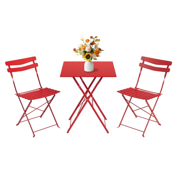 Mobilier de Patio Mobilier d'Extérieur - Ensemble Bistro Pliant 3 Pcs avec Table en Métal (24 Pouces L x 24 Pouces L x 28 Pouces H) et 2 Chaises, Fini Rouge Résistant aux Intempéries, Aucun Assemblage Requis, Conception Gain de Place pour Balcon