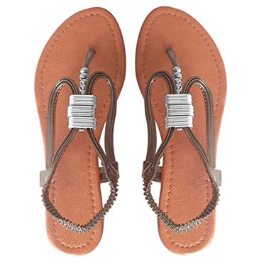 Peach Couture Womens Roman Slingback T-Strap Beaded Strappy Sandal 1 inch Wedge Silver, 7
