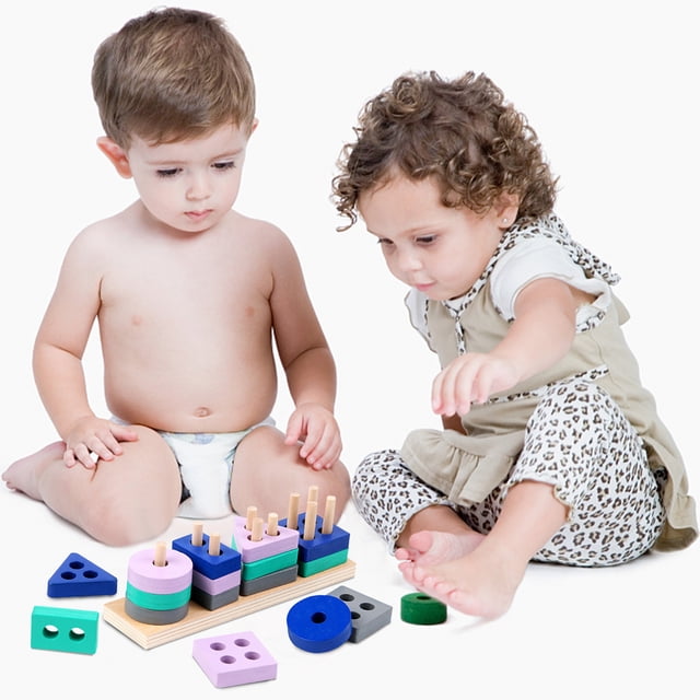 Mikilon Wooden Educational Toys, Shape Color Sorting Preschool Stacking Blocks Puzzles Toys for Age 1 2 3