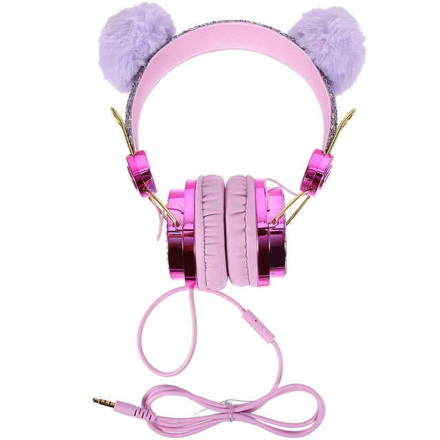Kids Headphones Glitter Plush Ear Volume Limiting Adjustable Anime Wired Headset featuring a pink and purple design with plush ears and rhinestone accents. The lightweight ABS material ensures durability and comfort, with padded earmuffs and an adjustable headband. Includes a 120cm 3.5mm audio cable compatible with tablets, phones, and computers.