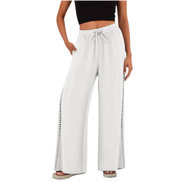 Soki Crochet Trim Wide Leg Pants Ladies Elastic Drawstring Waist