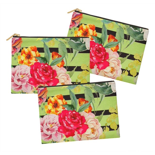 Soimoi Green polyester Crepe Fabric Stripe & Grandiflora Roses Floral Print Fabric by the Yard 52 Inch Wide
