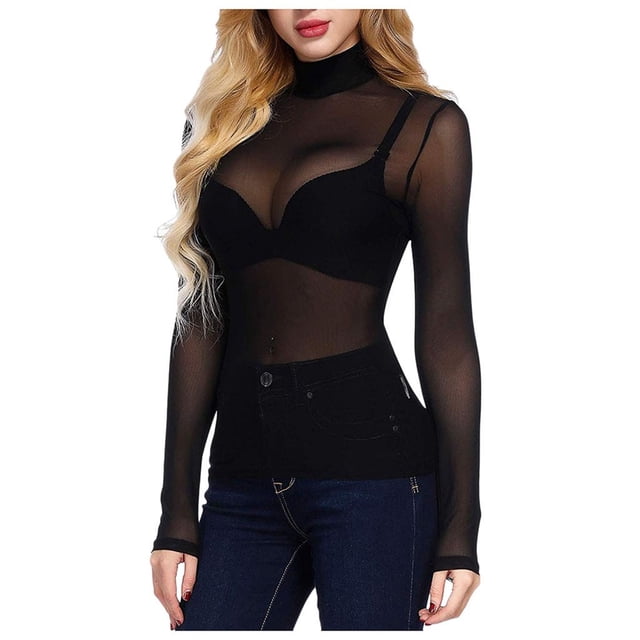 Besolor Haut à Col Roulé pour Femme en Maille Transparente, Coupe Ajustée, Manches Longues, Transparent, Tenue de Boîte de Nuit, Blouse Chemise de Fête