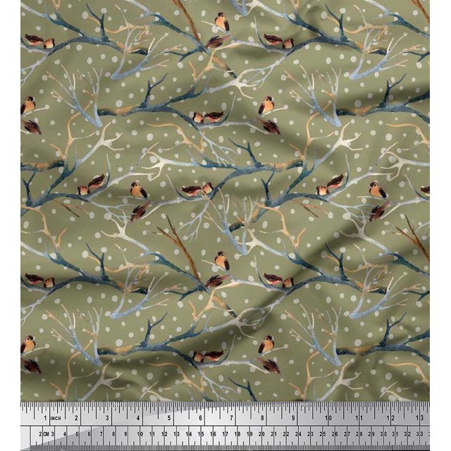 Soimoi Green Rayon Fabric Branch,Dot & American Robin Bird Decor Fabric Printed BTY 42 Inch Wide
