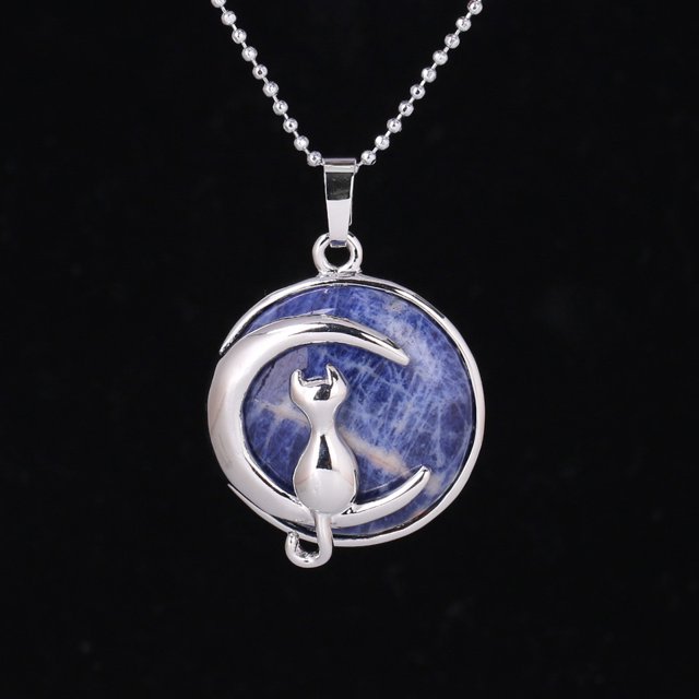 Women Necklace Cat on Moon Crystal Suspension Pendants Hardshell Charms