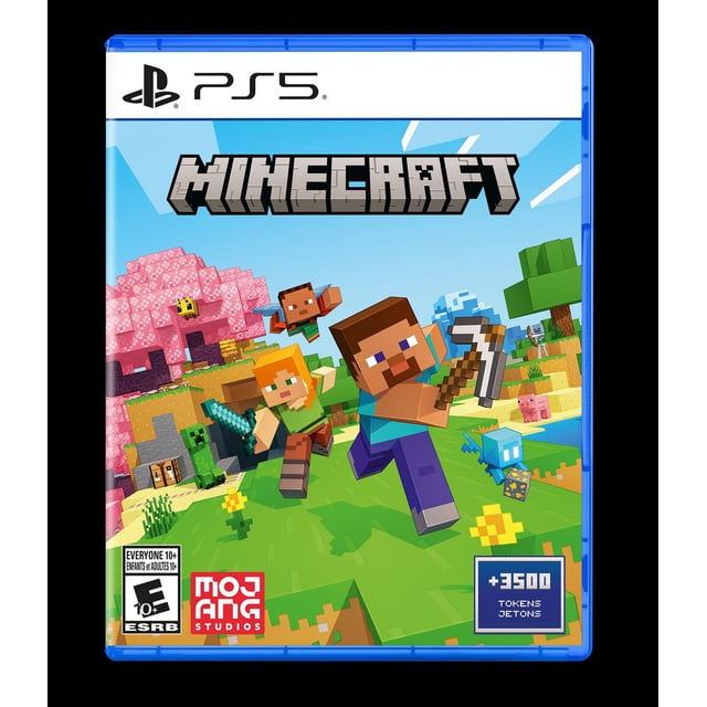 Minecraft Bedrock Edition (PS5) game cover showing blocky characters Steve and Alex with tools in a pixelated landscape featuring a pink cherry blossom tree, creeper, pig, and other Minecraft creatures under a blue sky, including 3500 tokens of in-game currency for PlayStation 5.
