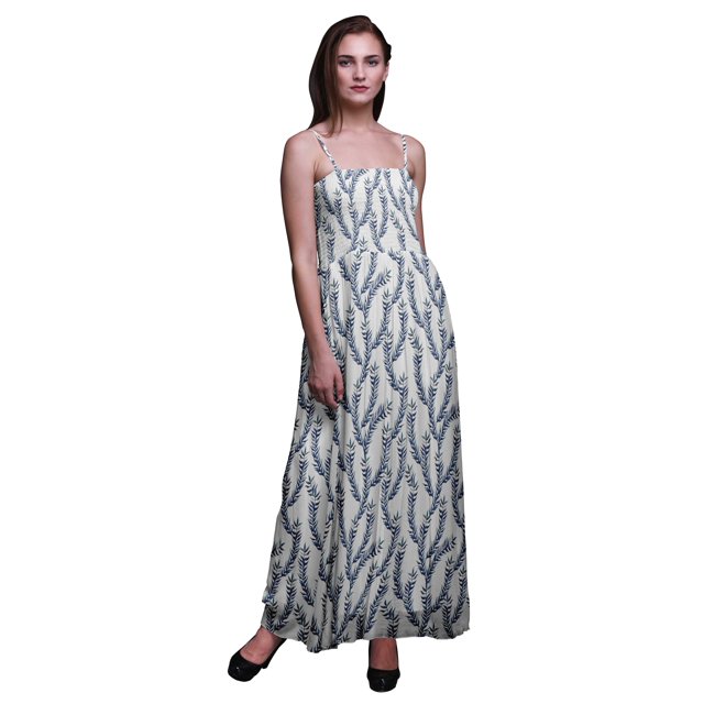 Bimba Feuilles de Laurier Bimba Imprimée Femme Fluide Smockée Robe à Bretelles Spaghetti-TP