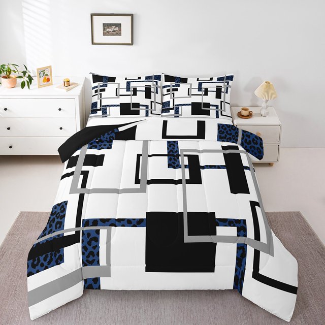 YST Couette Rayée Bleue pour Enfants Garçons Filles, Literie Géométrique Très Grand, Ensembles de Literie à Texture Léopard, Courtepointe Réversible Abstraite avec 2 Taies d'Oreiller Déco de Chambre