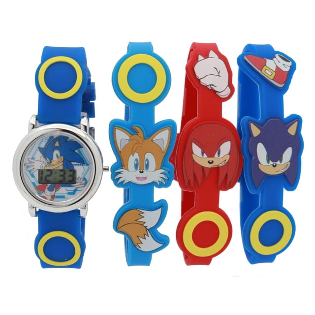 Sonic Kids Rubber LED Watch With Bracelet Set featuring a blue rubber strap digital watch with metal buckle and Sonic on the dial, accompanied by three colorful rubber bracelets with Tails, Knuckles, and Sonic character designs and yellow and red circular accents, ideal for everyday wear.