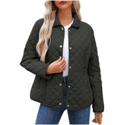 Penkiiy Women's Winter Casual Quilted Jackets Long Sleeve Button Down Puffer Jacket Padded Outerwear Coats 2XL Black