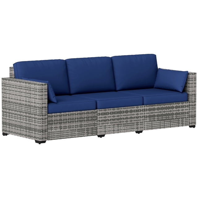 Outsunny Outdoor Sofa w/ Cushions, PE Rattan Patio Couch, Dark Blue. This 3-seater sofa features a galvanized steel frame with all-weather PE rattan wicker in a grey finish. The dark blue cushions are padded for comfort and have removable, washable covers. Designed for patios, decks, gardens, or poolside, it includes adjustable foot pads to prevent sliding and surface scratches. Dimensions: 78.7 inches wide, 28.7 inches deep, and 28.3 inches high. Weight capacity: 792 lbs.