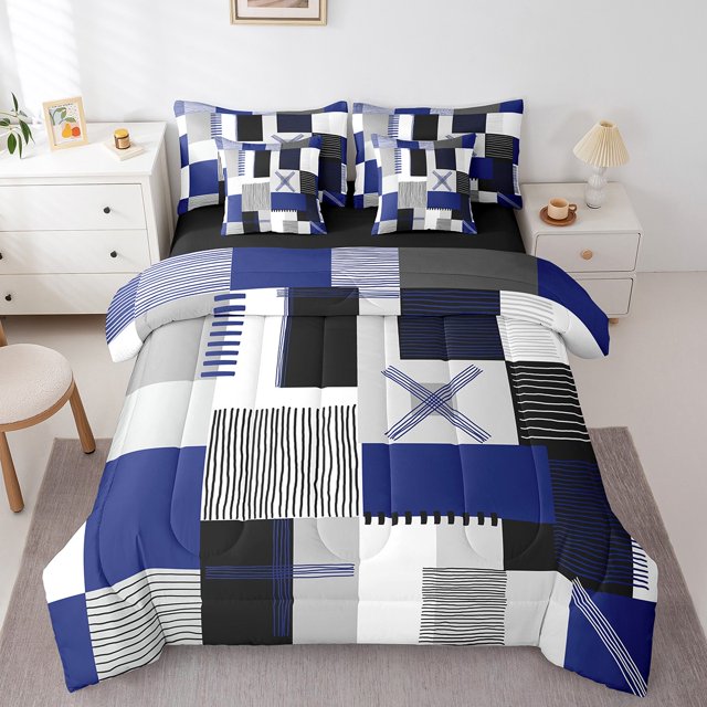 Erosebridal Patchwork Rectangle Bed in a Bag Full size,Geometry Stripe Bed Set,Abstract Artwork Decor,Reversible,Breathable,7-Piece