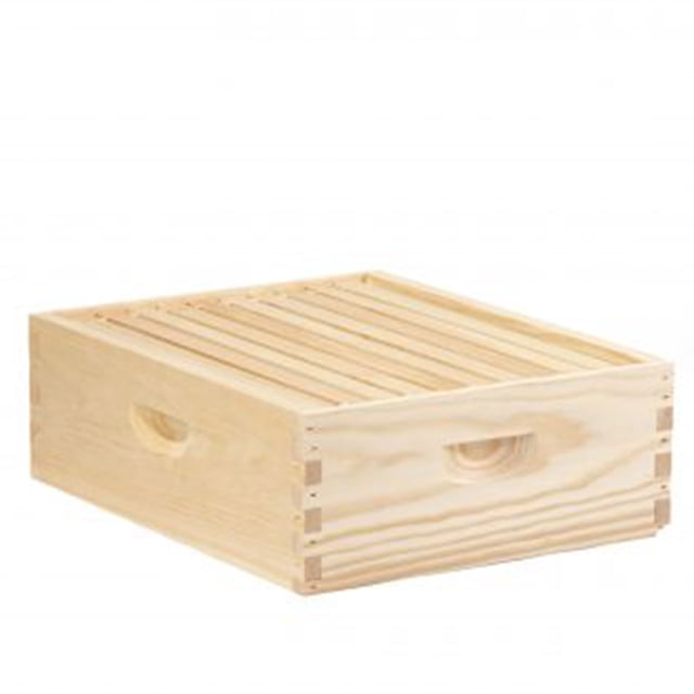 Little Giant 10 Frame Medium Honey Super Beehive Brood Body Wooden Keepsake Box made from unfinished pine with precision-milled interlocking box joints for durability. The pre-assembled box includes 10 wooden frames with wax-coated, natural-coloured plastic foundations, designed to fit a 10-frame standard Langstroth hive. Measuring 20 x 16.5 x 6.5 inches, this versatile box can be used as a honey super or brood body for beekeeping. Natural wood finish with side handles for easy handling.