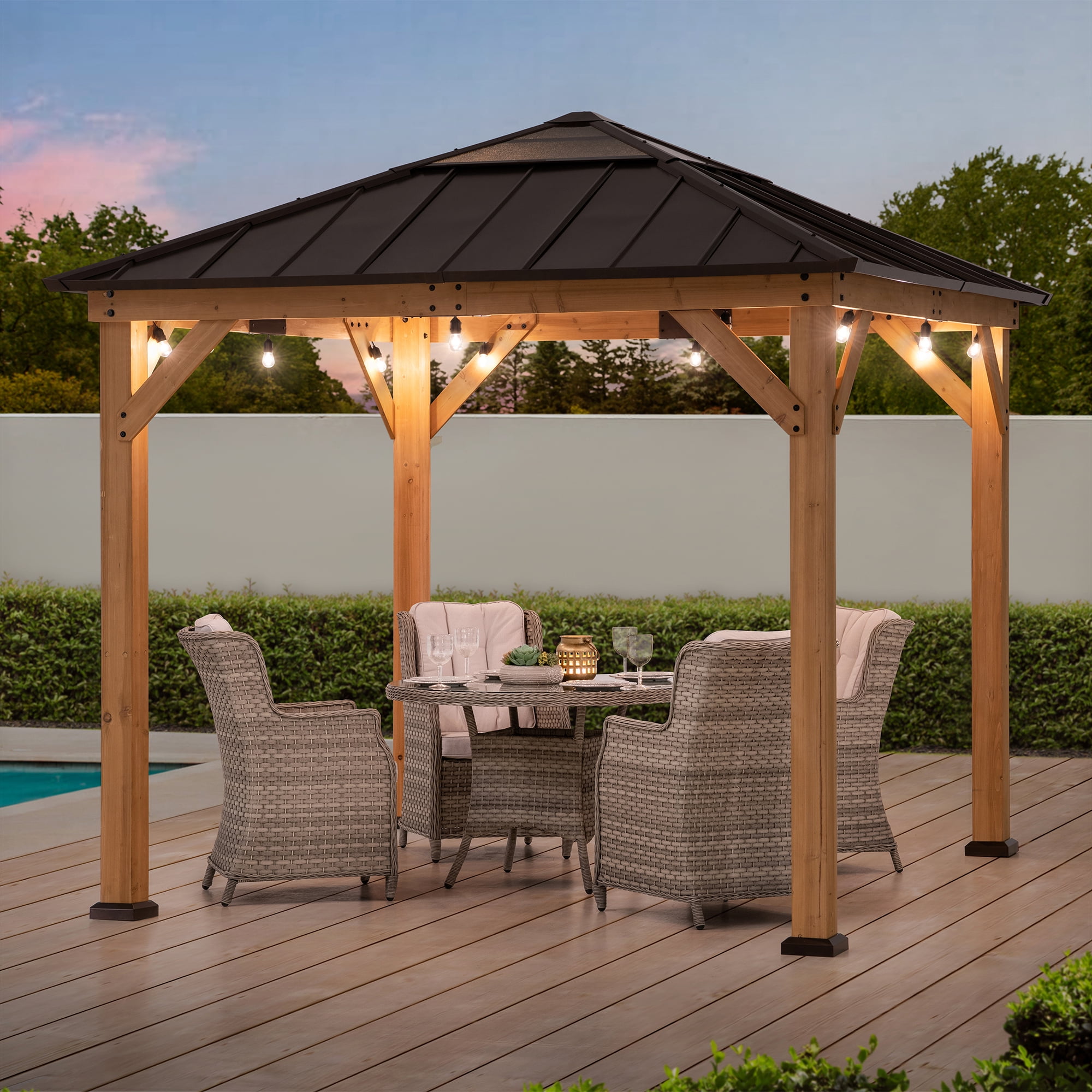 Sunjoy Outdoor Patio 9x9 ft Cedar Framed Gazebo with Brown Steel & Polycarbonate Hip Roof Hardtop