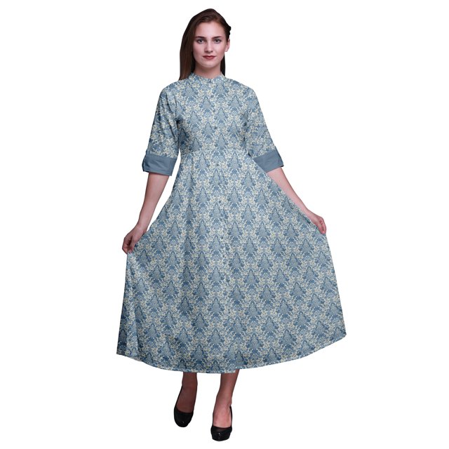 Bimba Floral Printed Womens Roll Up Sleeves Dress Mandarin Collar Button Down Shirt-Small