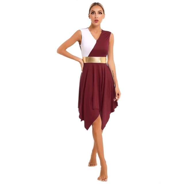 Aislor Robe de Danse Liturgique de Louange pour Femmes à Blocs de Couleur, Culte, Coupe Ample, Robe d'Église, Vêtement de Louange, Bourgogne P