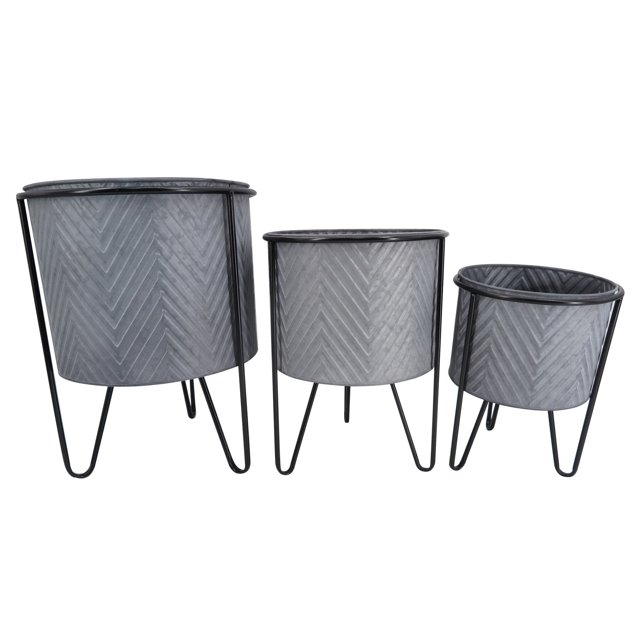 Ensemble de 3 Jardinières Rondes à Motif Chevron sur Pieds en Métal