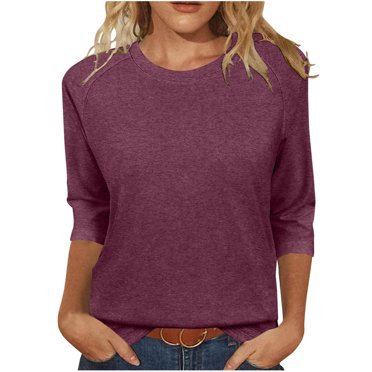 Olyvenn Womens 2025 3/4 Sleeve Tshirt Tops Solid Color Summer Spring Fashion Crewneck Blouse Tee Trendy Woman Clothing Wine XL