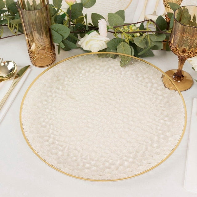 HLONK 10 Pack Glitter Gold Clear Hammered Plastic Charger Plates Round Disposable Serving Plates With Gold Rim - 13”
