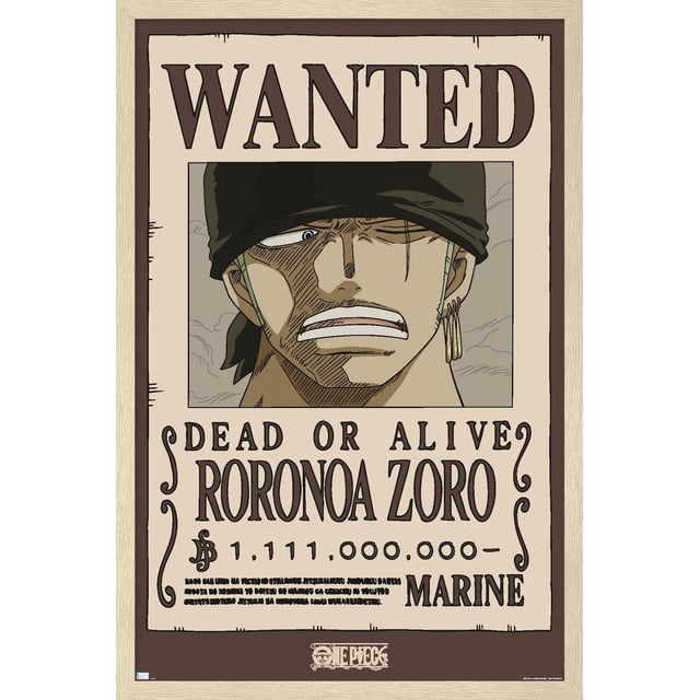 Une Pièce - Roronoa Zoro Wanted Affiche Murale, 22,375 Pouces x 34 Pouces Encadrée, Représentant une illustration Centrée Orientée vers l'Avant de Roronoa Zoro avec un bandana Noir et Trois Boucles d'Oreilles Créoles Dorées. l'Affiche beige Affiche un Texte Brun Audacieux « Wanted », « Dead or Alive Roronoa Zoro » bounty avec une Récompense de 1 111 000 000 et un Insigne Marin
