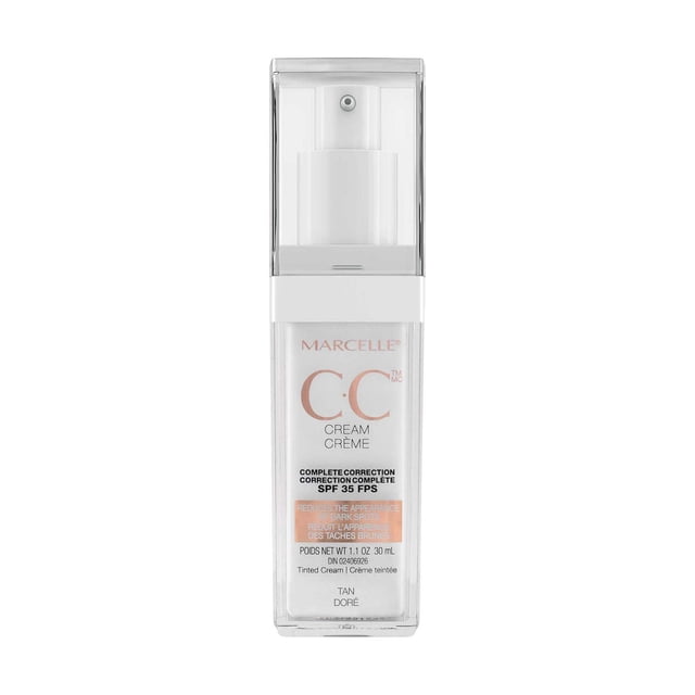 Marcelle CC Cream Fps 35 dans un Flacon Pompe Rectangulaire Transparent avec Texte Blanc et Or rose, Offrant une Couvrance Teintée Qui Corrige le Teint, Réduit les Taches Brunes, Contrôle la Brillance et Hydrate la Peau en Format de 30 ml.