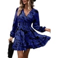thumbnail image 2 of Robe Courte à Fleurs pour Femme à Manches Longues, Décontractée, Col en V, en Mousseline, Modeste, Bohème, Fluide, Automne, Invitée de Mariage, Bleu, TG, 2 of 9