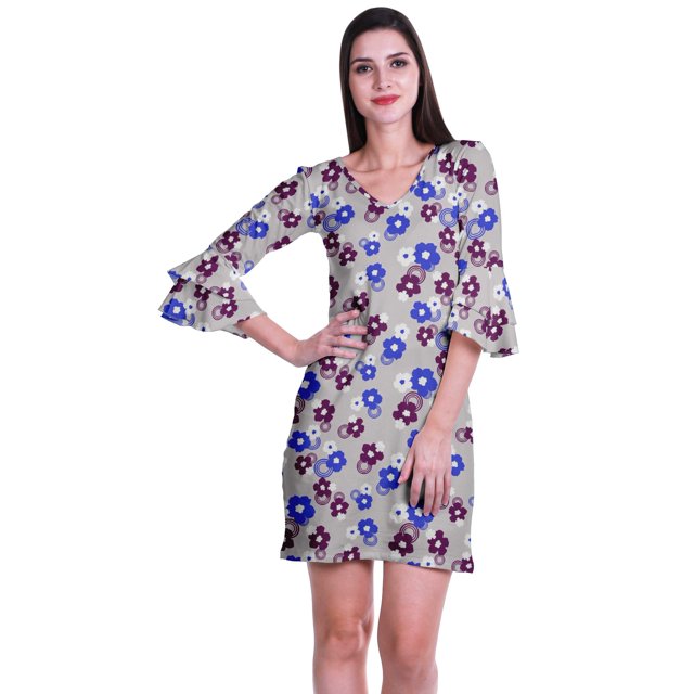 Moomaya Robe Courte Imprimée pour Femmes, Manches Évasées, Coupe Droite, Robes pour Femmes, Vêtements d'Été Décontractés