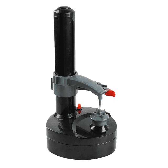 Kitchen Gadget Revolution: Electric Potato Peeler Automatic Rotating Peeling Tool with a sleek black base and vertical column design. Features a grey adjustable arm with a red safety tip for secure peeling. Ideal for peeling potatoes and other produce effortlessly.