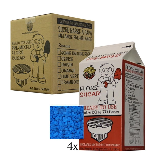 Box of 4 X 3.25 lbs of Blue Raspberry Cotton Candy Floss Sugar with a white and red carton featuring a cartoon character holding cotton candy, a brown shipping box with bilingual French and English text, and a close-up of blue raspberry sugar crystals, ideal for residential or commercial cotton candy machines making up to 280 cones.