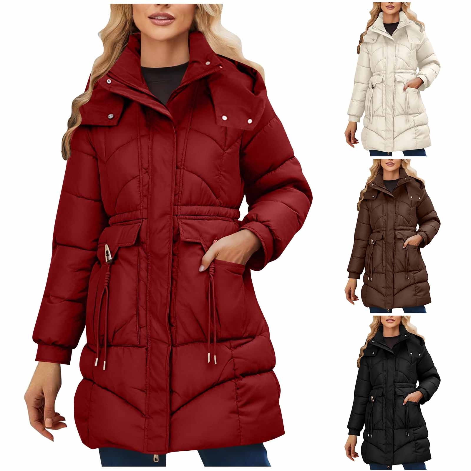 UPPADA Women's Faux Fur Hooded Parka Fleece Lined Quilted Jackets Lightweight Mid Length Winter Coats Long Puffer Coats with Pockets,Puffer Jacket Black,S