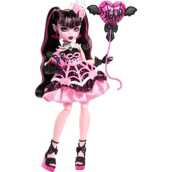Monster High Scary Sweet Birthday Doll, Draculaura in Pink Party Dress with Themed Accessories Like Invite, Balloon, Gift, Fan and More