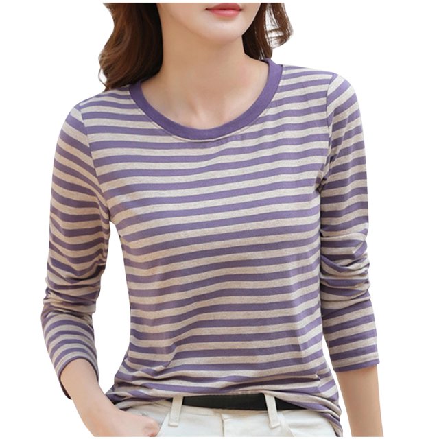 Timegard Hauts d'Automne pour Femmes à Rayures à Manches Longues T-Shirts Basiques Décontractés Ajustés Confortables à Col Rond
