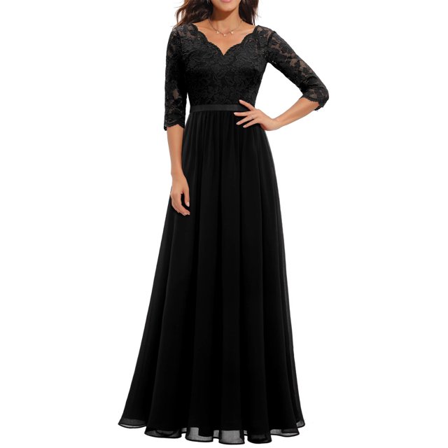 Faithtur Nouvelle Mode Femmes Longue Robe Couleur Unie Patchwork Dentelle V-Cou à Manches Mi Dos Sans Fermeture Éclair Robe de Femme