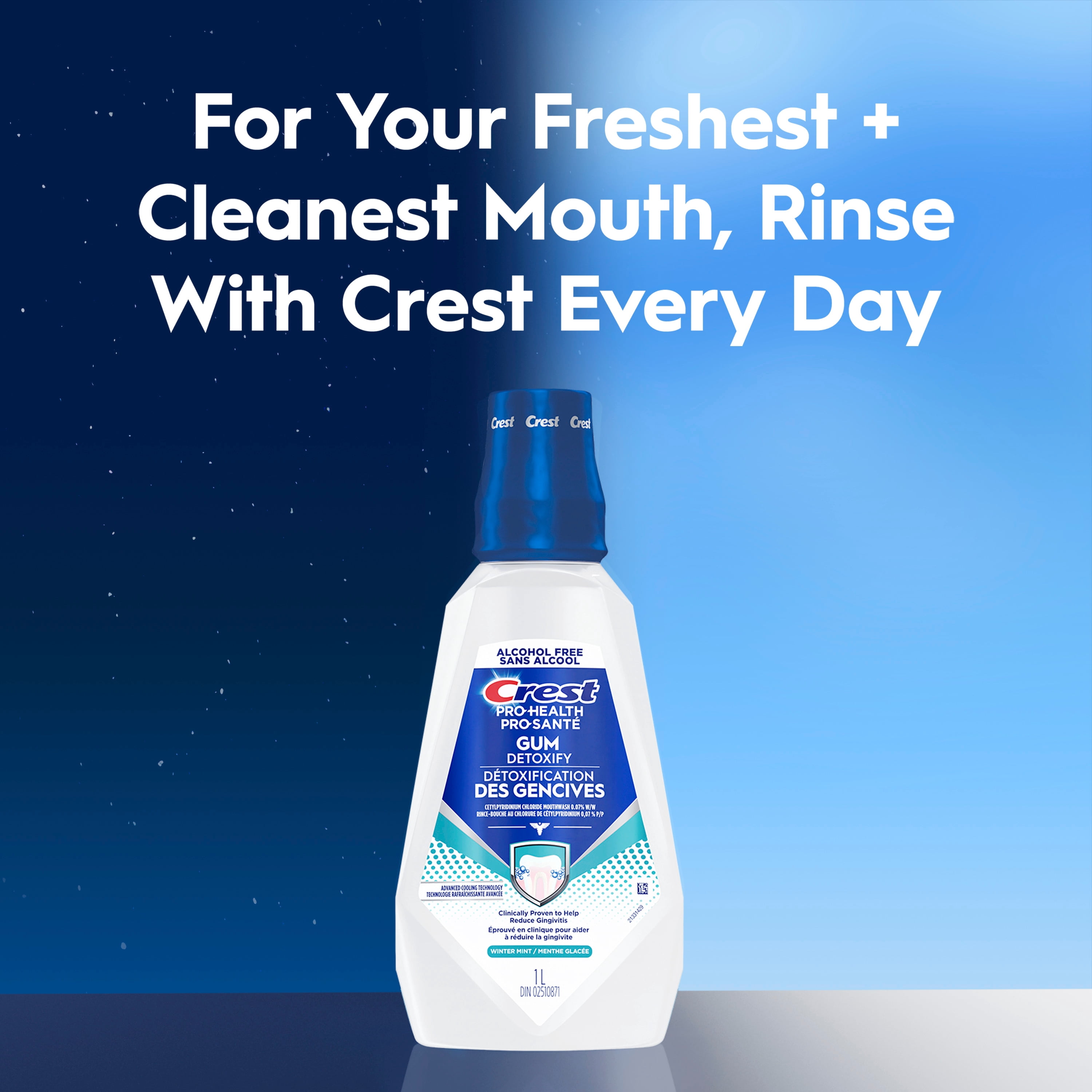 Rince-bouche Crest Pro-Santé Détoxification des gencives, antigingivite et antiplaque, neutralise la plaque, sans alcool, menthe d’hiver, 1 L
