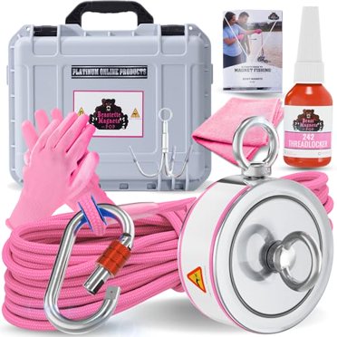 Force de Traction 2000 Lb, Trousse de Pêche Magnétique / Trousse Magnétique de Pêche Double Face Complète avec Étui / Comprend un Aimant en Néodyme N52 Puissant, Corde Durable de 65 Pi, Mousqueton, Gants, Grappin et Étui de Transport