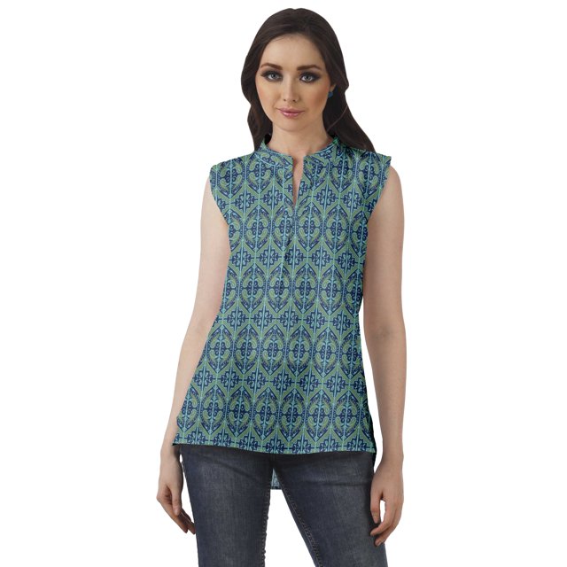 Moomaya Tunique à Col Mandarin Imprimée Sans Manches Débardeur Décontracté Tenue d'Été