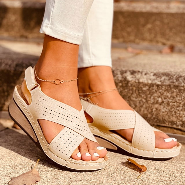 LSLJS Sandales Compensées pour Femmes, Chaussures d'Été pour Dames à Talon Compensé Rétro Ajourées Sandales Décontractées pour Femmes