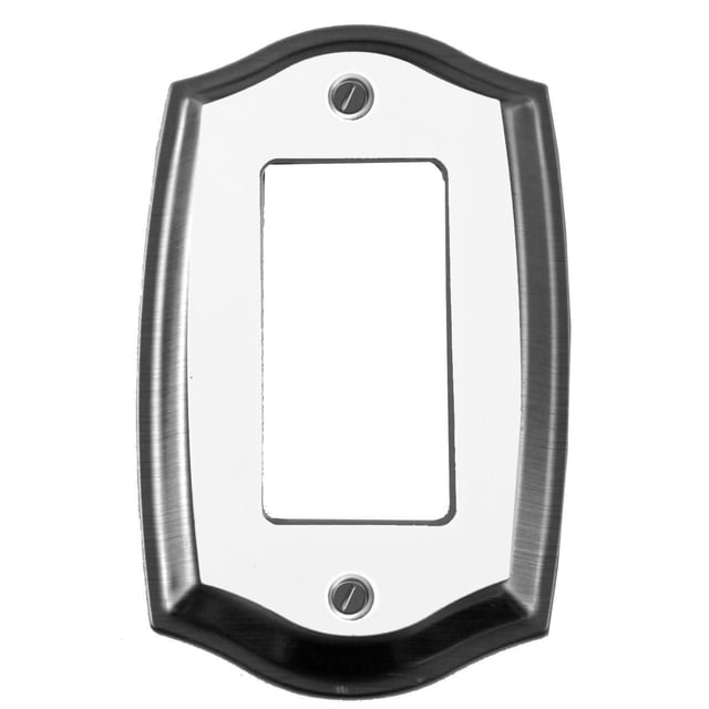 Atron Electro Industries Astoria Rocker Wall Plate in white with chrome accent finish, featuring a decorative curved rectangular design with two mounting screws, suitable for double rocker switches in home electrical setups and enhancing room décor.
