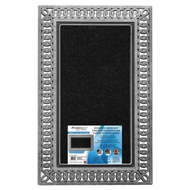 Floor Choice Dassi Doormat 24"x35" with a black polypropylene inlay center and a silver vinyl print border featuring linked oval cutouts, weather and fade resistant, easy to clean, suitable for indoor or outdoor use in entryways or backdoors.