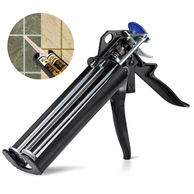 Manual cartridge caulking gun with a black metal and plastic body, designed for 400ml/13.5oz 1:1 dual cartridges. Features a 3-rod design for two-part epoxy grout, a high thrust ratio of 28:1, and a labour-saving trigger for precise and efficient application. Shown in a close-up view with a demonstration of tile bonding in the inset image.