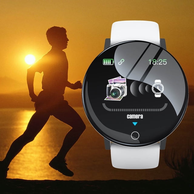 EGNMCR Smart Watch Montres Sport Intelligentes Mode au Design Mince pour Hommes et Femmes avec un Cadran Rond Épuré et des Cadrans Thématiques Personnalisables, un Bracelet Blanc et la Compatibilité avec l'Application Fitpro pour des Arrière-Plans Personnalisés. Mises en Évidence devant la silhouette d'Un Homme Courant au Coucher du Soleil, Mettant en Valeur Son Attrait Sportif et des Fonctionnalités de Technologie Portable. Inclut une Personnalisation Multilingue, une certification Étanche et des Capacités Intelligentes de Suivi de la Condition Physique.