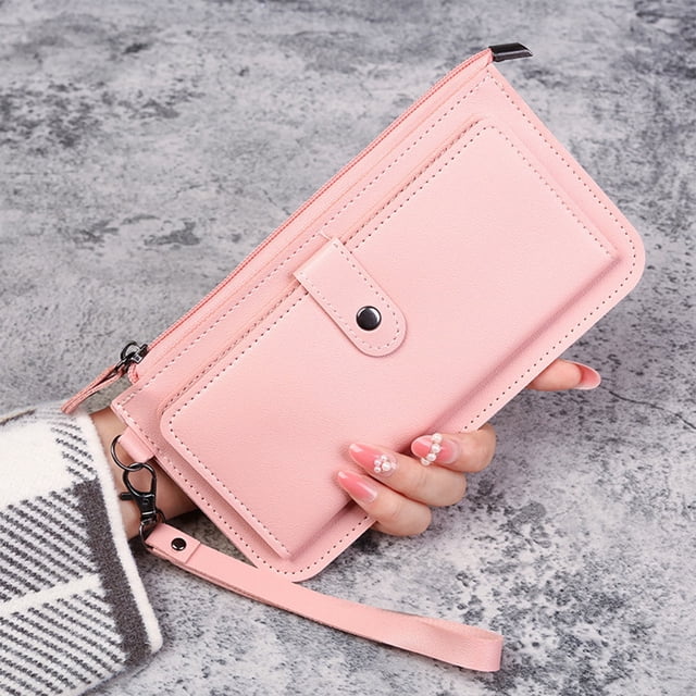 Dvkptbk Coin Purse Ladies Wallet Slim Bifold Wallet with Zipper Closure Multi Card Case in a soft pink color. This leather wallet features 12 card slots, a coin compartment, and a zippered pocket for cash. Compact design measuring 7.87x4.72x0.39 inches, ideal for organizing cards, receipts, and small items. Perfect for handbags or backpacks.
