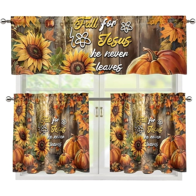 Sunflowers Pumpkin Kitchen Curtains Tiers and Valances Set, Rod Pocket Valance Short Window Treatment Decor Curtains, 3 Pieces Set Valance Curtains for Kitchen Windows